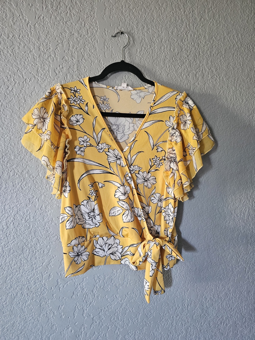 PerSeption Concept Yellow Floral Wrap Blouse with Tie